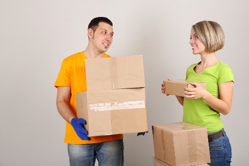 Packed household boxes prepared for a local move in Oldford